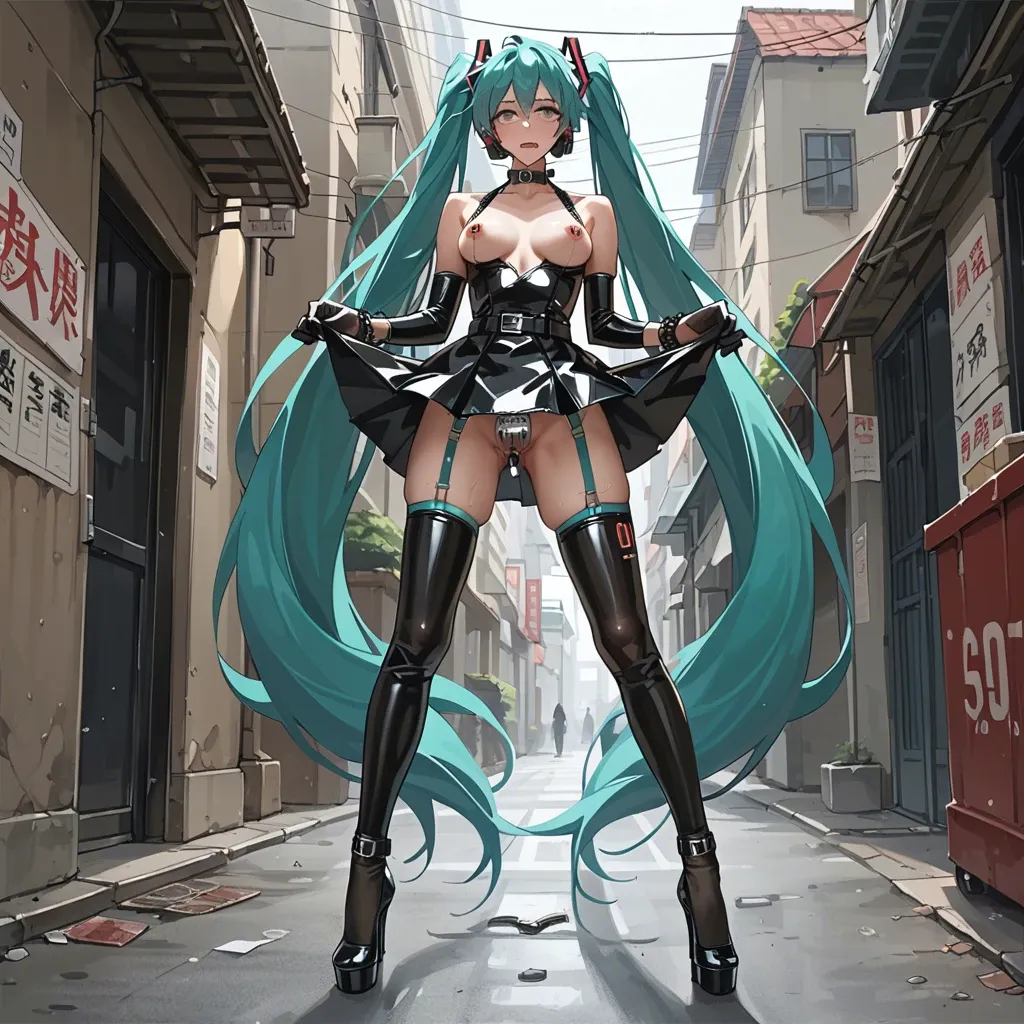 Hatsune Miku, anime, prostitute slut in sexy pose, prostituting herself, black dress, latex micro skirt, latex long gloves, chastity belt, pubic hair, nipple piercing, fishnet long socks, high heels, in a hotel entrance,with a man touching hers breasts,