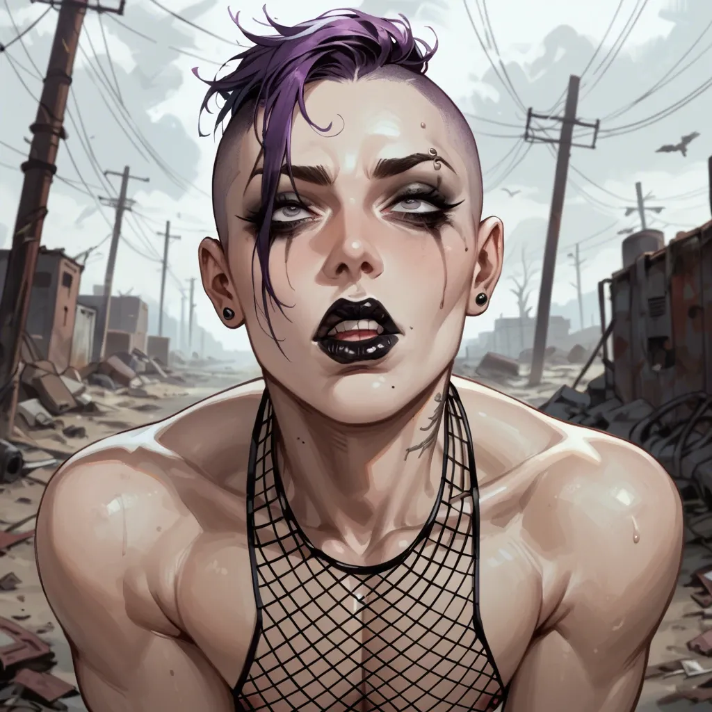 Femboy, half shaved head, purple hair, medium penis, saggy balls, fallout, wasteland, mesh thong, mascara, black lipstick, mad face