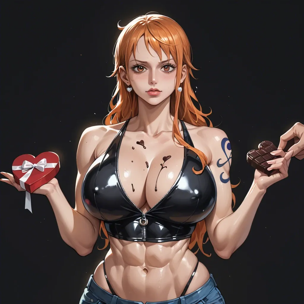 1 girl, nami (one piece), valentine's day, holding a chocolate, chocolate, seductive face, brilliant eyes, upper body, tight clothes, detailed face, black background, do not show hands, huge ass, massive ass, abs, High definition