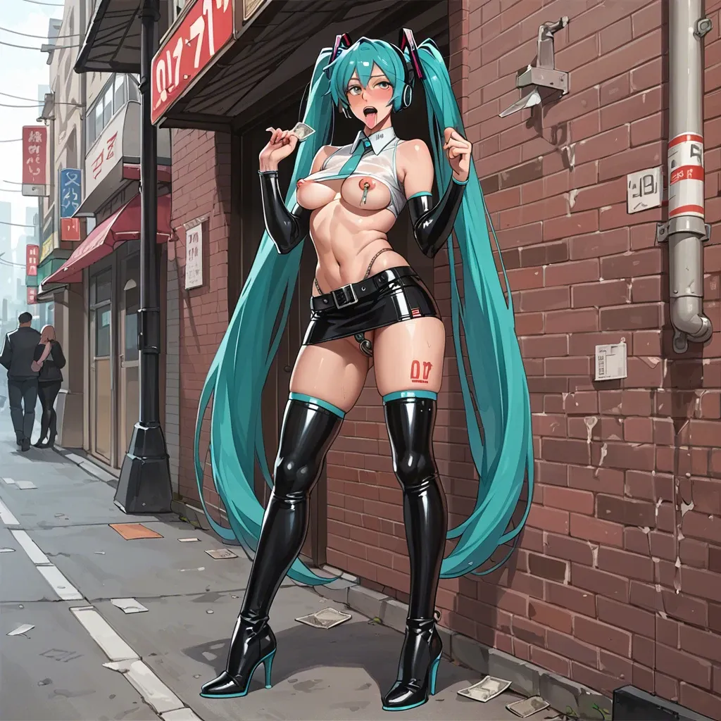 Hatsune Miku, anime, prostitute slut in sexy pose, prostituting herself, tigh blouse underboobs, latex micro skirt, chastity belt, pubic hair, nipple piercing, latex long high heels boots, with a man in a hotel entrance, used condoms in her skirt