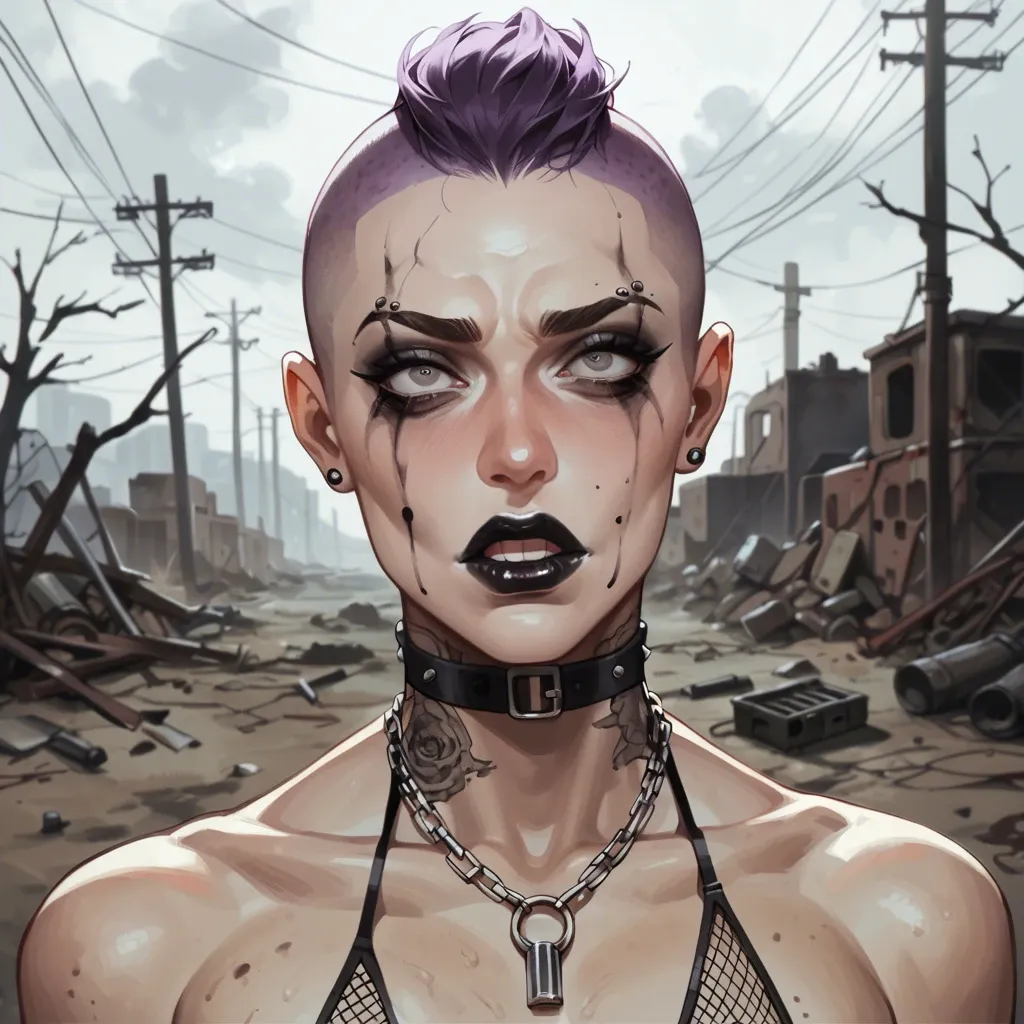 Femboy, half shaved head, purple hair, medium penis, saggy balls, fallout, wasteland, mesh thong, mascara, black lipstick, mad face