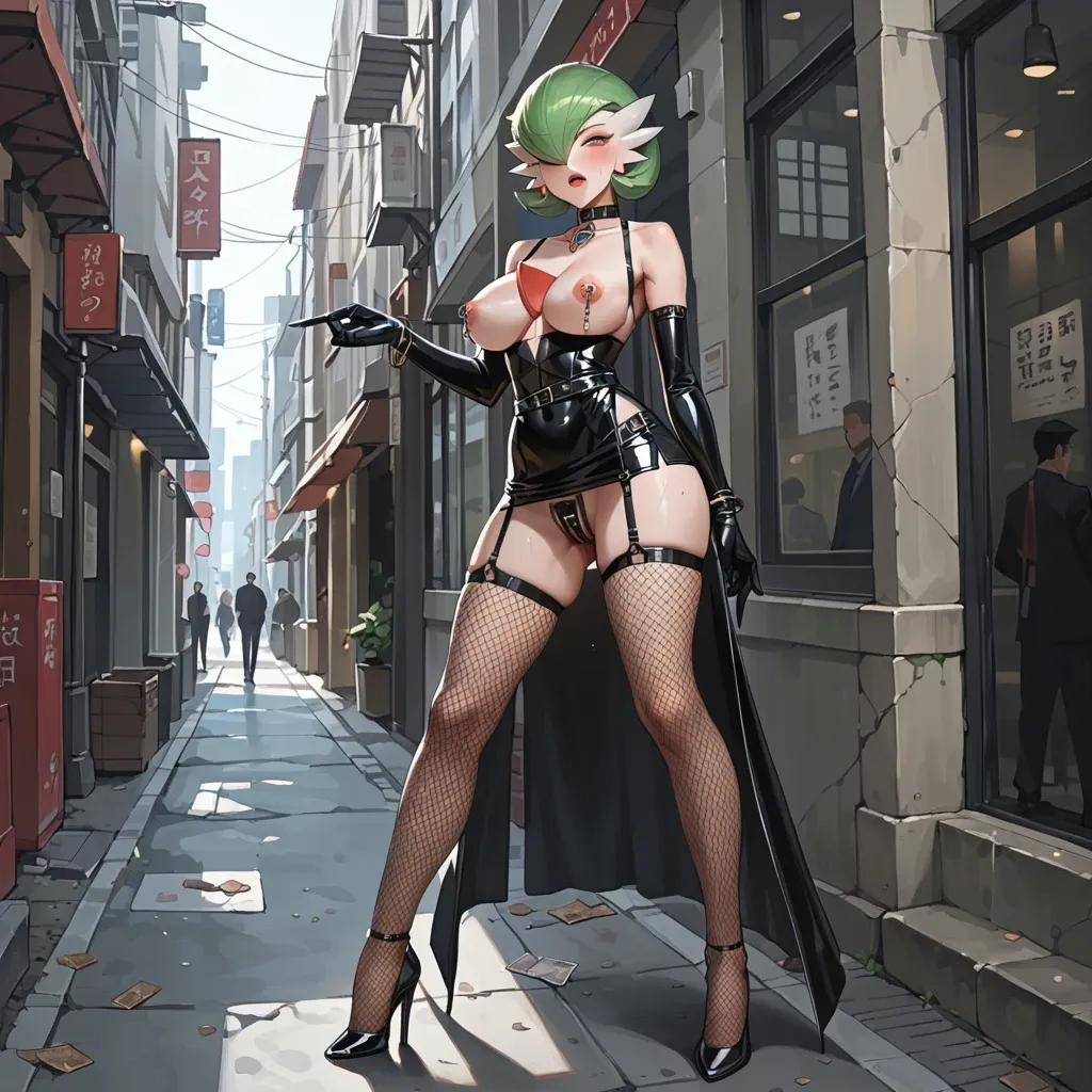 Gardevoir, anime, prostitute slut in sexy pose, prostituting herself, black dress, micro skirt, latex long gloves, chastity belt, pubic hair, nipple piercing, fishnet long socks, high heels, in a hotel entrance,with a man touching her,