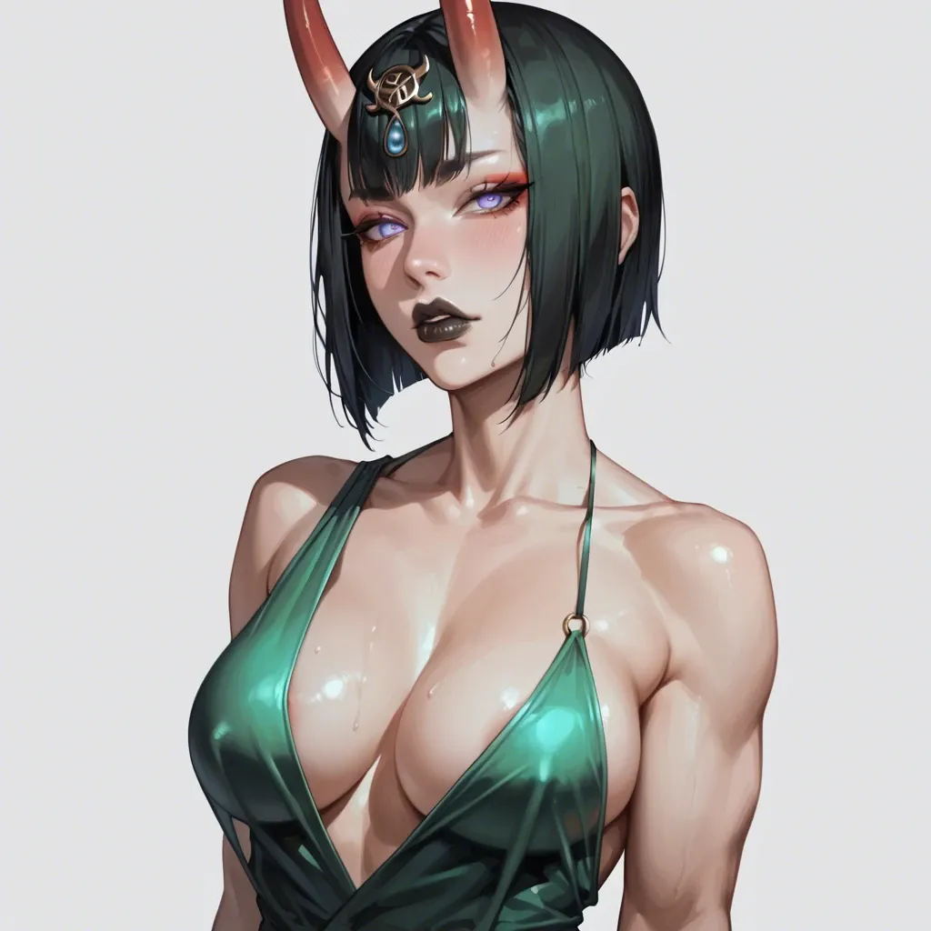 Shuten-Douji, slutty transparent one shoulder dress, athletic body, very deep cleavage, tits out, big perky round tits, pushup tits, side view from above, seductive face, glowing pupils, large black closed lips, heavy upper lips, hair braid, vulgarity