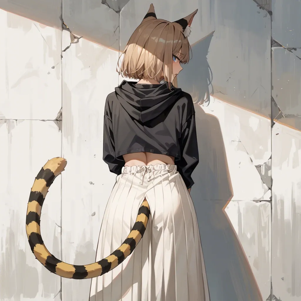 cute anime teen girl The Egyptian Mau catgirl , light brown hair and striped tail, blue eyes, black sweatshirt with yellow stripes, Japanese long skirt,  back view, He looks at the wall