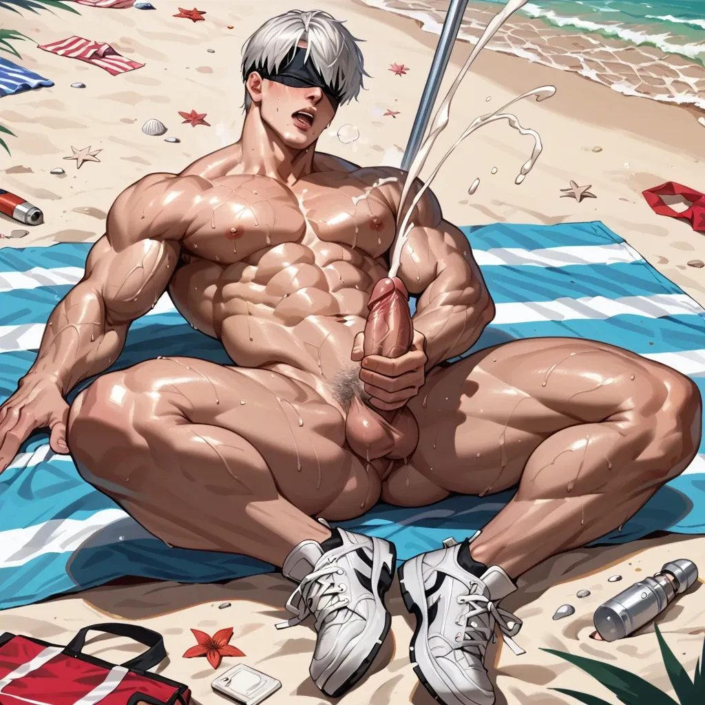 Yorha 9s sneakers naked at beach muscles dick balls masturbating cumming cum a lot sweating