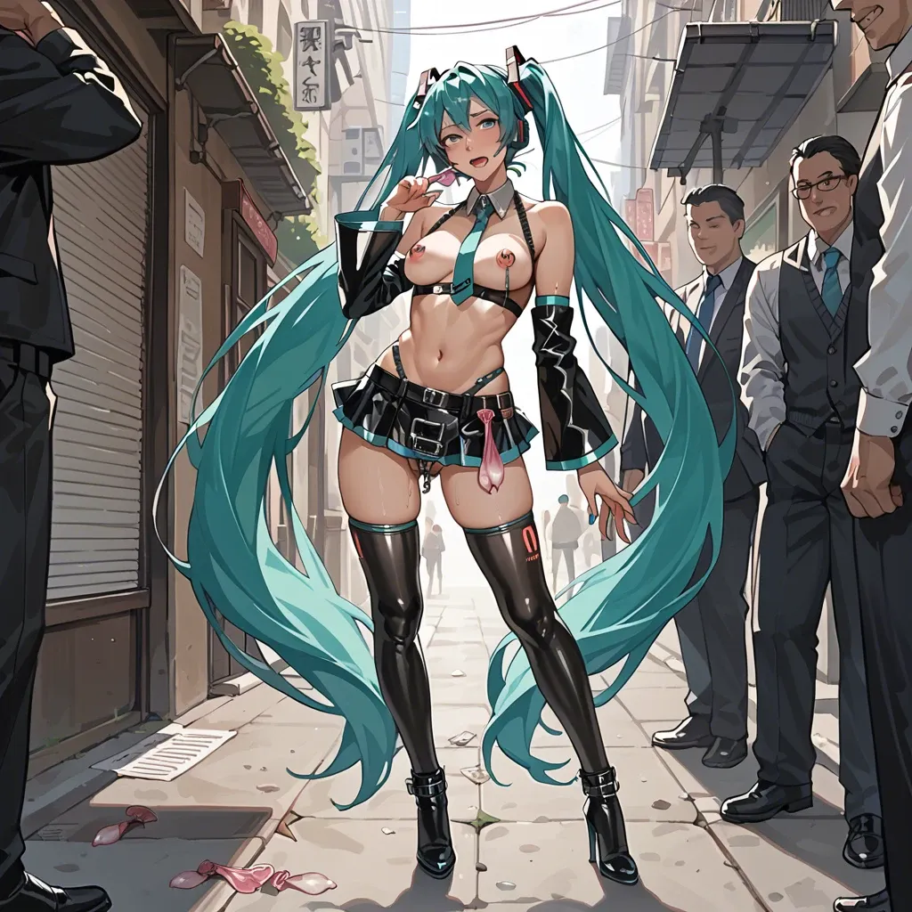 Hatsune Miku, anime, prostitute slut in sexy pose, prostituting herself, latex micro skirt, chastity belt, pubic hair, nipple piercing, latex long high heels boots, with a man in a hotel entrance, used condoms in her skirt