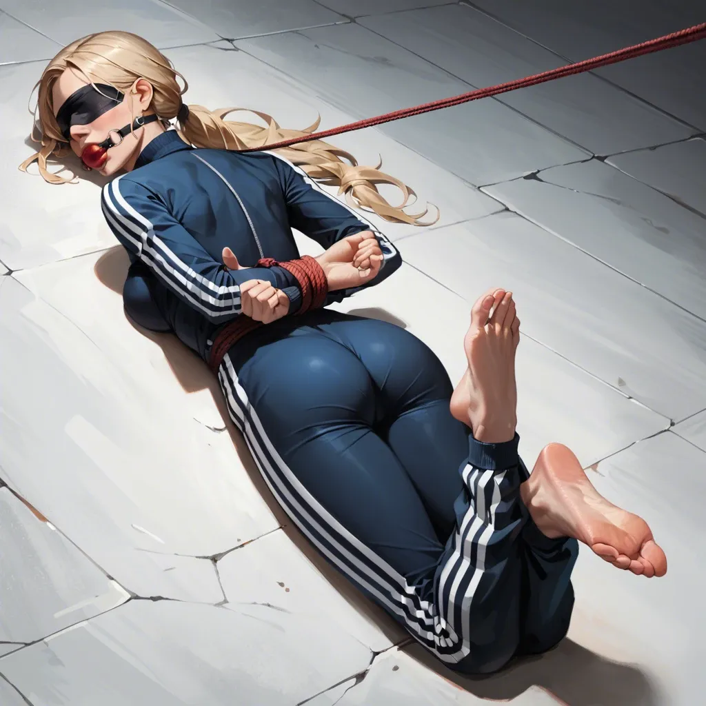 4K, 8K, 1girl, , , , mature, blonde hair, skinny, slender, tracksuit, , , , lying on stomach, rope bondage, hogtied, hands behind back, blindfold, huge gag, , , , soles focus, ((face view))