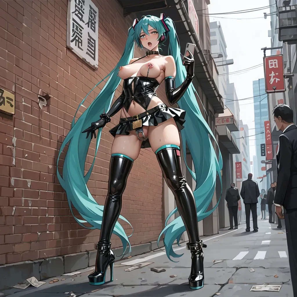 Hatsune Miku, anime, prostitute slut in sexy pose, prostituting herself, black dress, latex micro skirt, latex long gloves, chastity belt, pubic hair, nipple piercing, fishnet long socks, high heels, in a hotel entrance,with a man touching hers breasts,