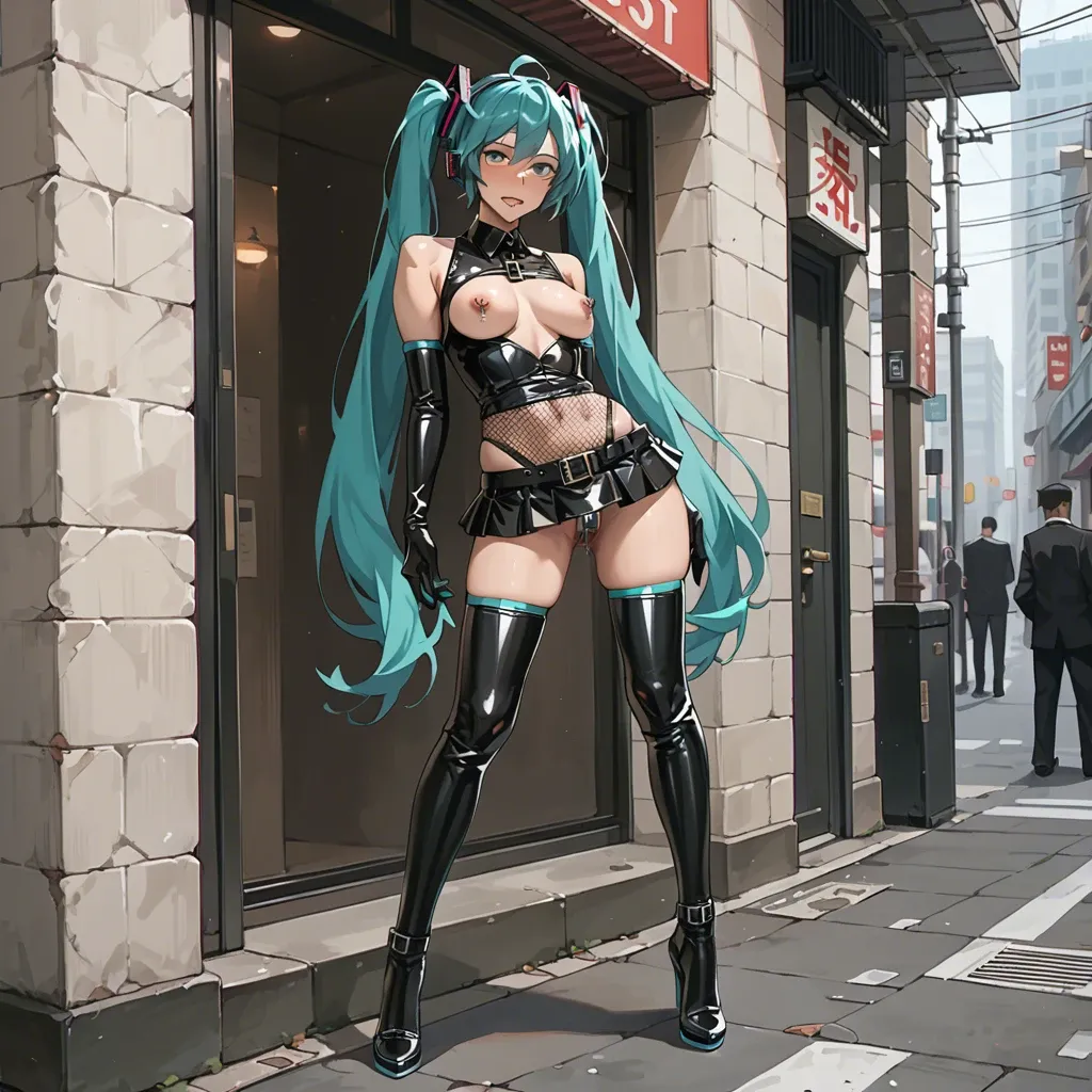 Hatsune Miku, anime, prostitute slut in sexy pose, prostituting herself, black dress, latex micro skirt, latex long gloves, chastity belt, pubic hair, nipple piercing, fishnet long socks, high heels, in a hotel entrance,with a man touching her,