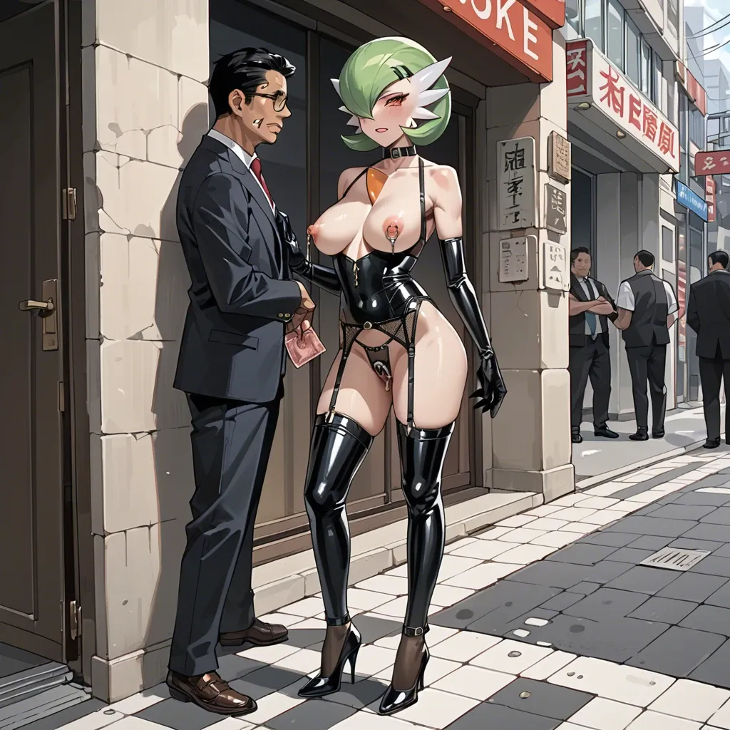 Gardevoir, anime, prostitute slut, prostituting herself, black dress, latex long gloves, chastity belt, pubic hair, nipple piercing, fishnet long socks, high heels, in a hotel entrance, man squeezing her breasts,