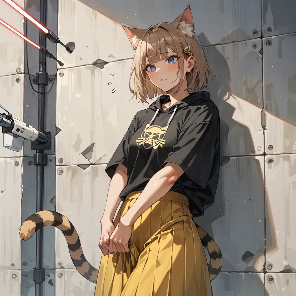 cute anime teen girl The Egyptian Mau catgirl , light brown hair and striped tail, blue eyes, black sweatshirt with yellow stripes, Japanese long skirt, Catches the laser on the wall like a cat, laser point, view from the back