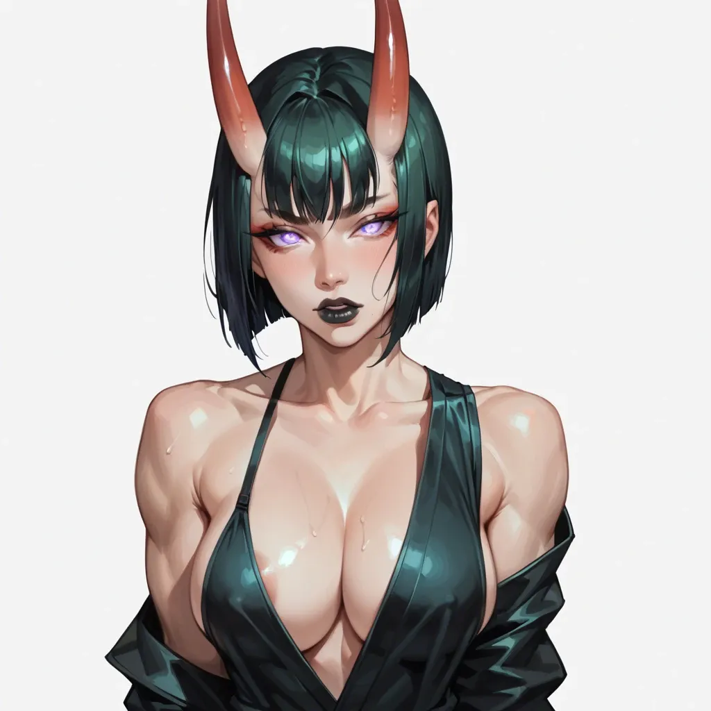 Shuten-Douji,  transparent one shoulder suit, athletic body, very deep cleavage, tits out, big perky perfect tits, pushup tits, side view from above, seductive face, glowing pupils, large black closed lips, heavy upper lips, hair braid, vulgarity