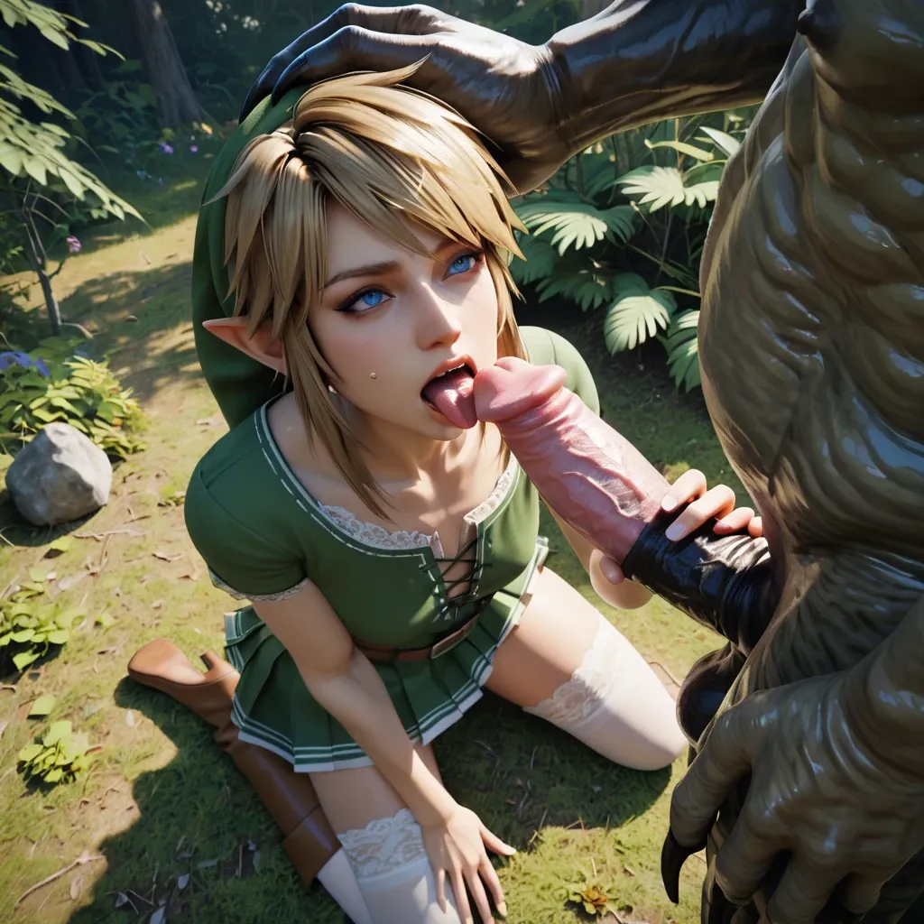 1boy 1femboy,3d, link adorable male Girly male lace-trimmed legs wear thighhighs high-angle close-up,monster penis, animal penis,zoophilia, holding head facial link outfit handjob forest skirt knees penis tongue