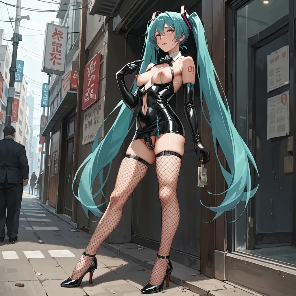 Hatsune Miku, anime, prostitute slut in sexy pose, prostituting herself, black dress, latex micro skirt, latex long gloves, chastity belt, pubic hair, nipple piercing, fishnet long socks, high heels, in a hotel entrance,with a man touching hers breasts,