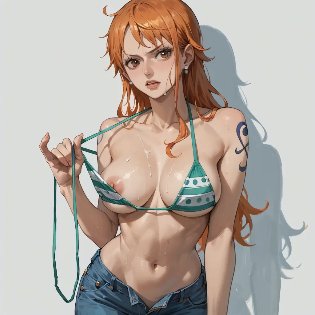 nami one piece, normal bikini, jeans pants, clothed, removing bikini top