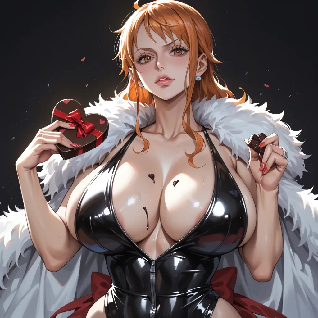 1 girl, nami (one piece), valentine's day, holding a chocolate present, seductive face, brilliant eyes, upper body, tight clothes, detailed face, black background, do not show hands, huge breast, massive ass, abs, High definition