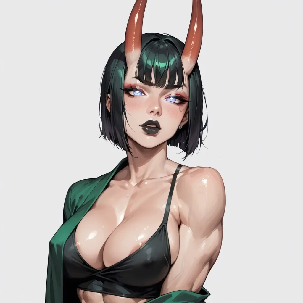 Shuten-Douji,  transparent one shoulder suit, athletic body, very deep cleavage, tits out, big perky round tits, pushup tits, side view from above, seductive face, glowing pupils, large black closed lips, heavy upper lips, hair braid, vulgarity