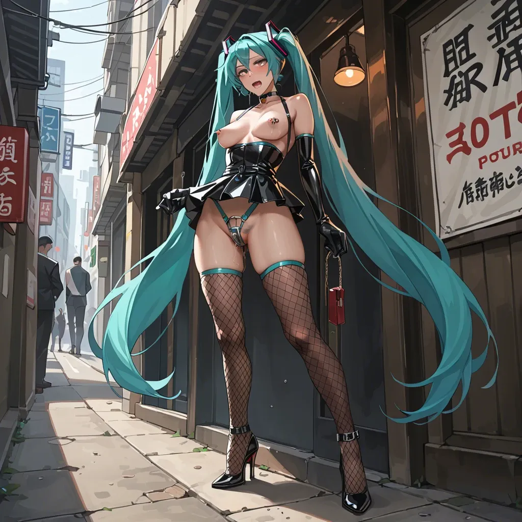 Hatsune Miku, anime, prostitute slut in sexy pose, prostituting herself, black dress, latex micro skirt, latex long gloves, chastity belt, pubic hair, nipple piercing, fishnet long socks, high heels, in a hotel entrance,with a man touching hers breasts,