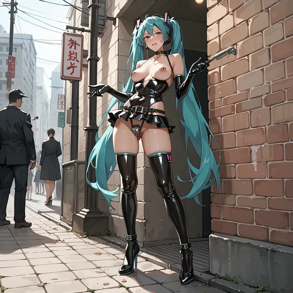 Hatsune Miku, anime, prostitute slut in sexy pose, prostituting herself, black dress, latex micro skirt, latex long gloves, chastity belt, pubic hair, nipple piercing, fishnet long socks, high heels, in a hotel entrance,with a man squeezing her breasts,