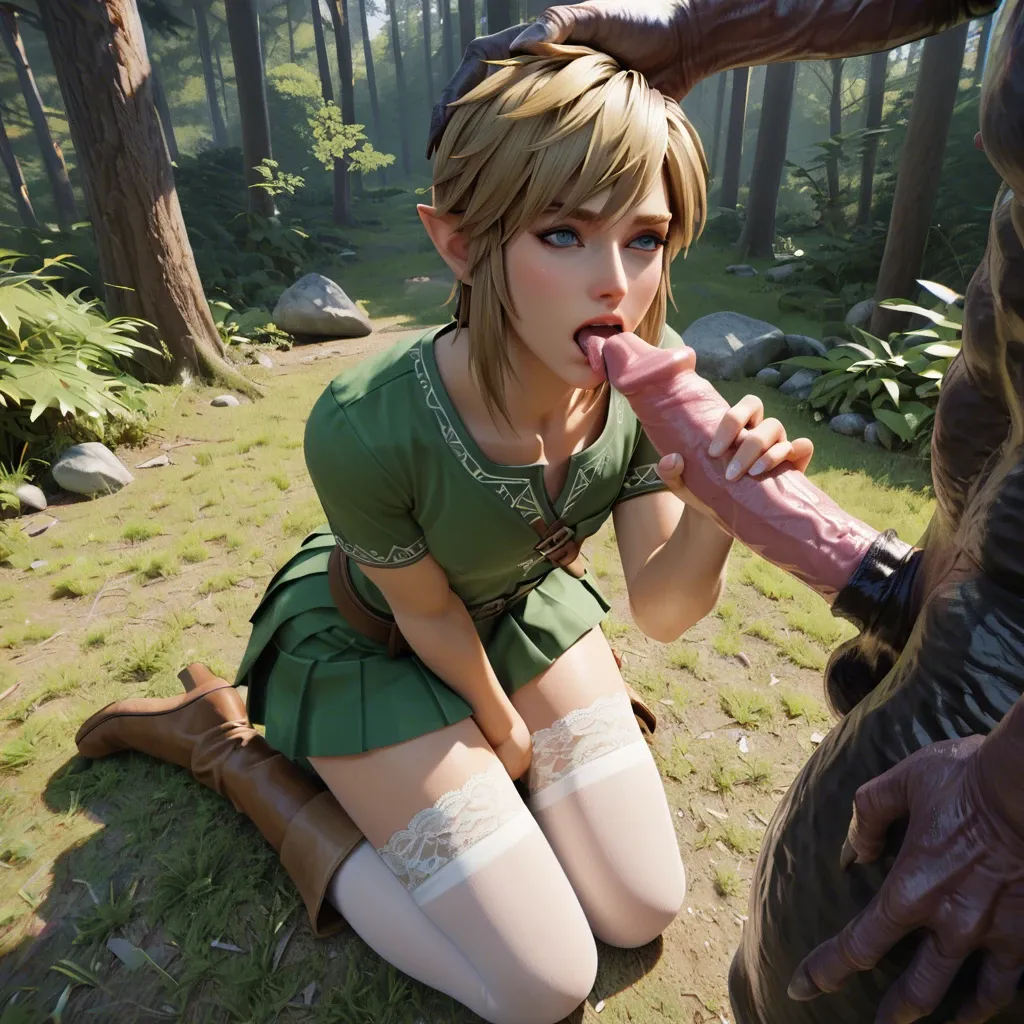 1boy 1femboy,3d, link adorable male Girly male lace-trimmed legs wear thighhighs high-angle close-up,monster penis, animal penis,zoophilia,forest ,holding head, link outfit handjob skirt knees penis tongue cum