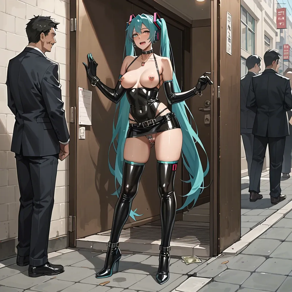 Hatsune Miku, anime, prostitute slut in sexy pose, prostituting herself, black dress, latex micro skirt, latex long gloves, chastity belt, pubic hair, nipple piercing, fishnet long socks, high heels, in a hotel entrance,with a man touching hers breasts,