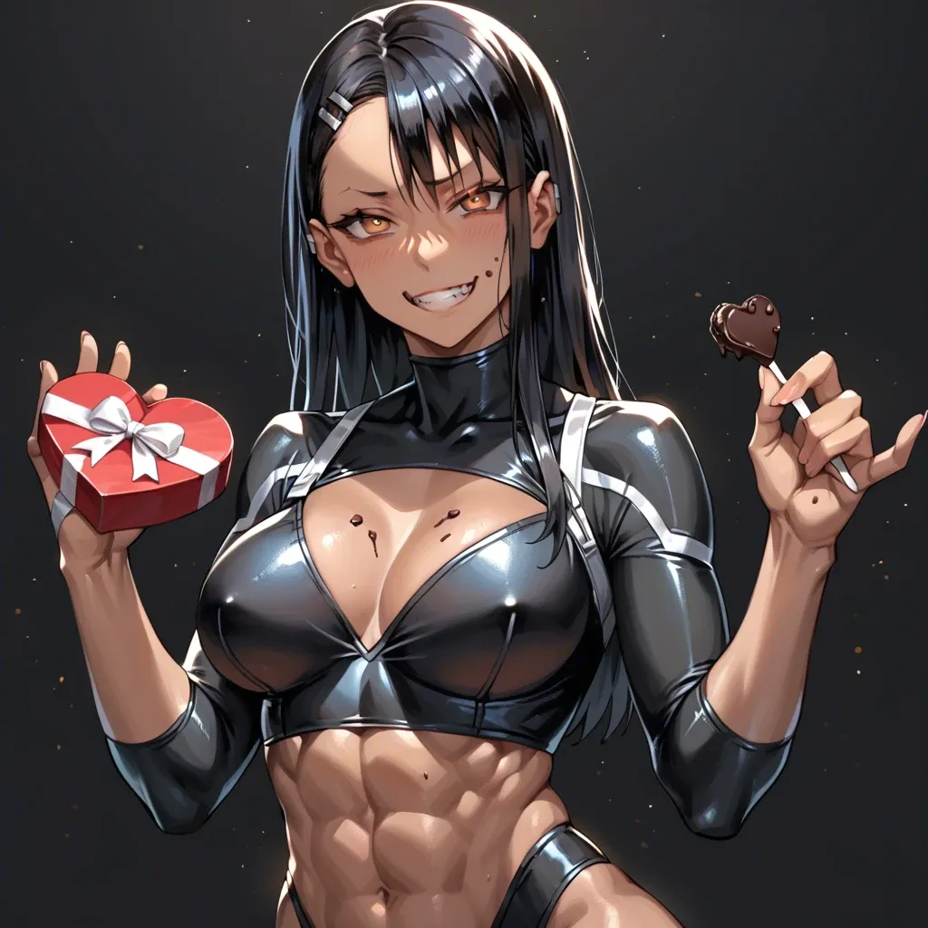 1 girl, nagatoro, valentine's day, holding a chocolate, chocolate, seductive face, brilliant eyes, upper body, tight clothes, detailed face, black background, do not show hands, massive ass, abs, High definition