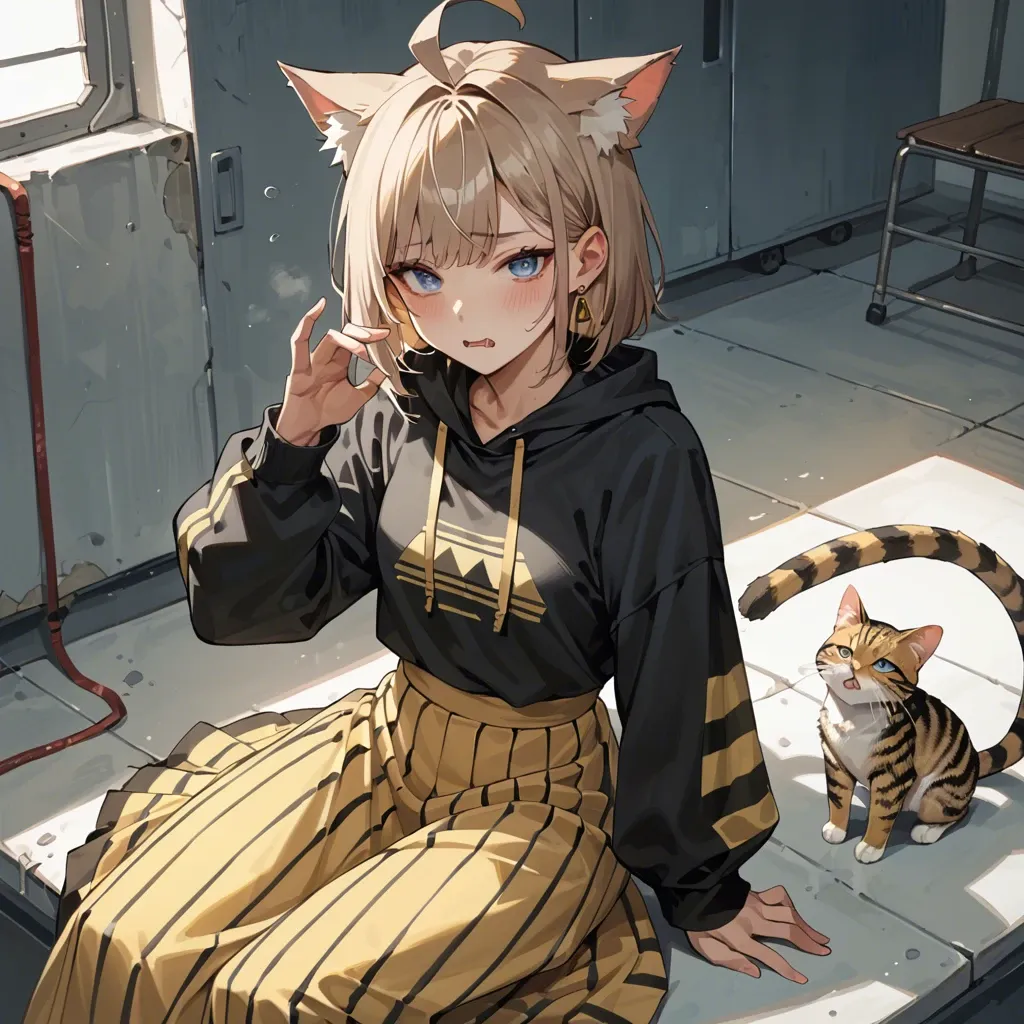 cute anime teen girl The Egyptian Mau catgirl , light brown hair and striped tail, blue eyes, black sweatshirt with yellow stripes, Japanese long skirt, No, she's trying to catch a laser (like playing with a cat, trying to catch a dot from a laser pointer) back view