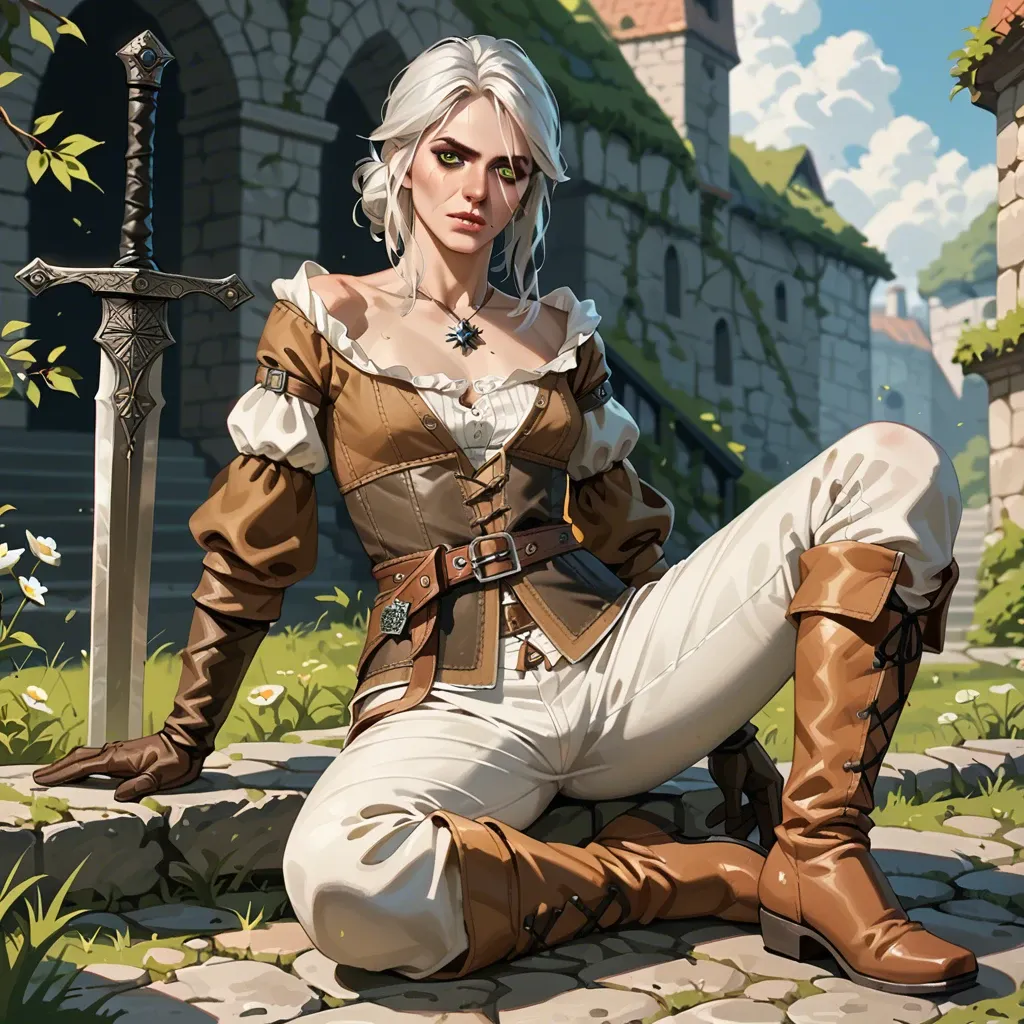 Ciri,the witcher,petite body,skinny,long white hair,green eyes,outfit,boots, pants,sword,medieval