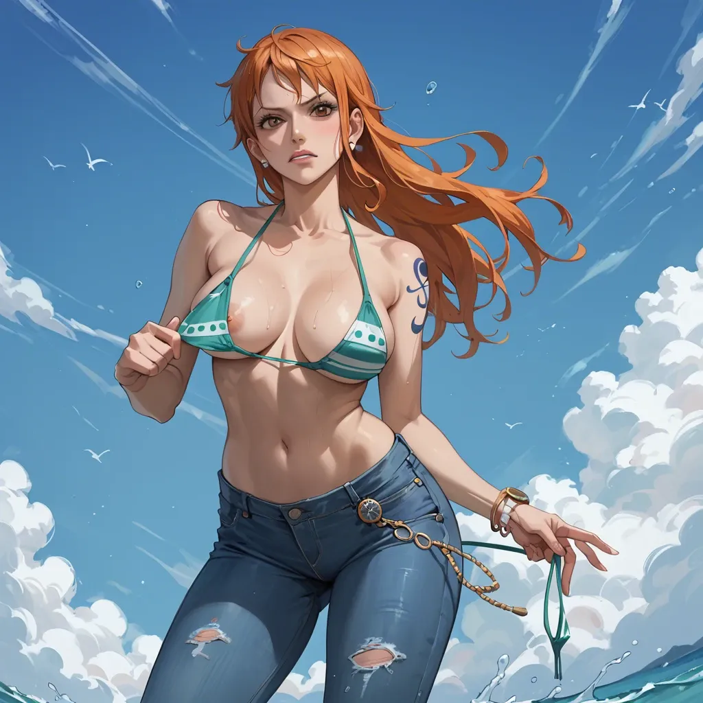 nami one piece, normal bikini, jeans pants, clothed, removing bikini top