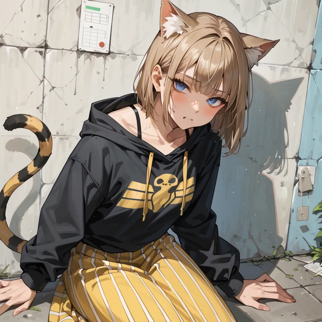 cute anime teen girl The Egyptian Mau catgirl , light brown hair and striped tail, blue eyes, black sweatshirt with yellow stripes, Japanese long skirt, Catches the laser on the wall like a cat