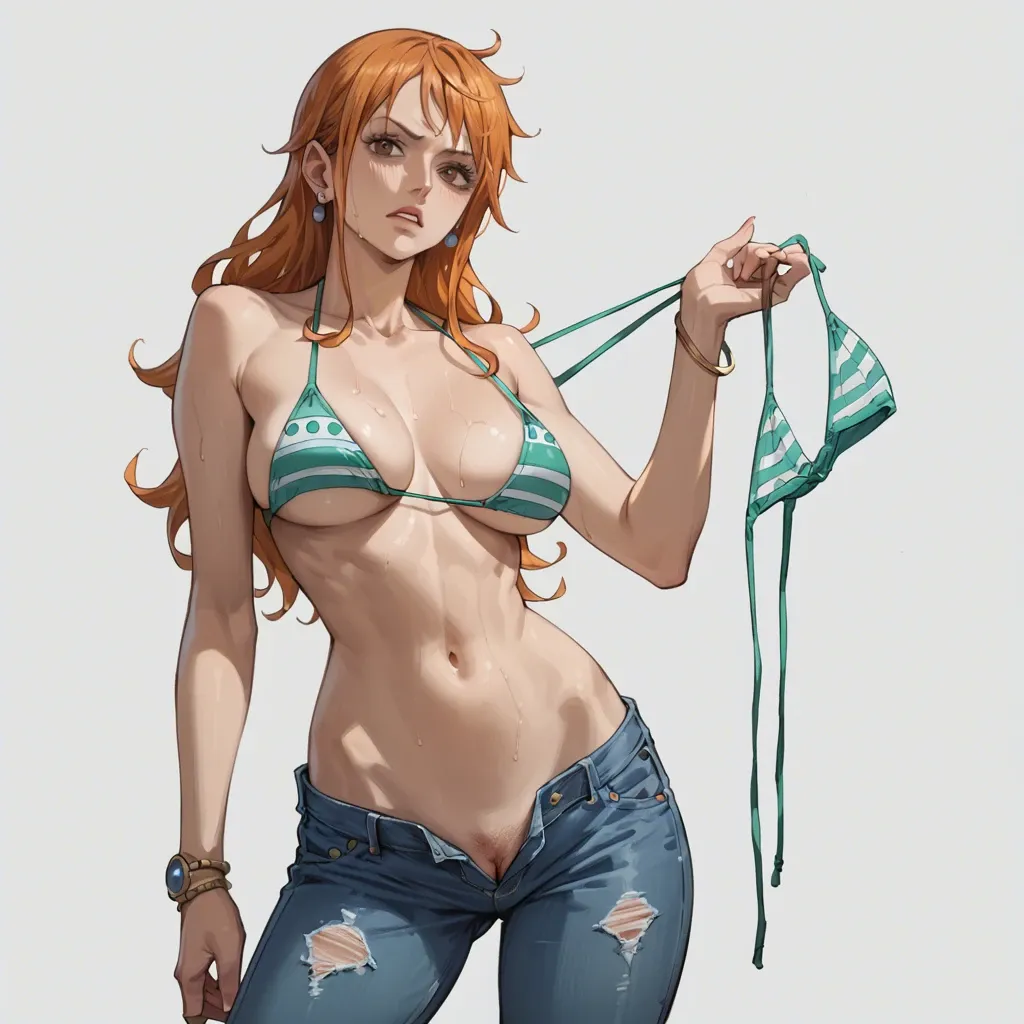 nami one piece, normal bikini, jeans pants, clothed, removing bikini top