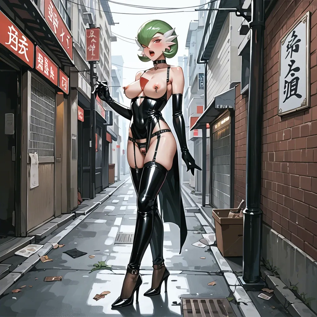 Gardevoir, anime, prostitute slut with a cluent, prostituting herself, black dress, latex long gloves, chastity belt, pubic hair, nipple piercing, fishnet long socks, high heels, in a hotel entrance,