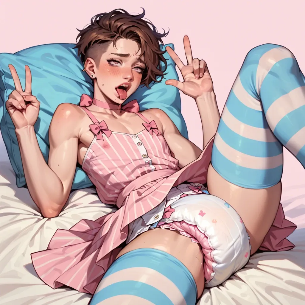 Femboy, brown hair pixie cut, pink idle dress, thick diaper, pink bow in hair, blue and white striped thighhighs, pastel, peace sign, ahegao