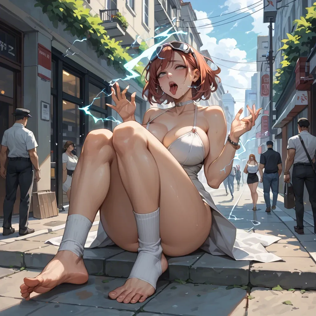 Cute and sexy robot Minako Haruno getting electrocuted by electricity, smoke around head, big breast, long socks, Barefoot foot, beautiful legs, street, in public, hands up, ahegao, Grey smoke from woman ass, smoke around head, polenorth, mountain, snow