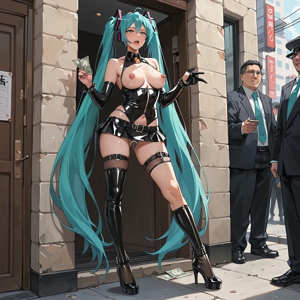 Hatsune Miku, anime, prostitute slut in sexy pose, prostituting herself, black dress, latex micro skirt, latex long gloves, chastity belt, pubic hair, nipple piercing, fishnet long socks, high heels, in a hotel entrance with a man putting money in her skirt