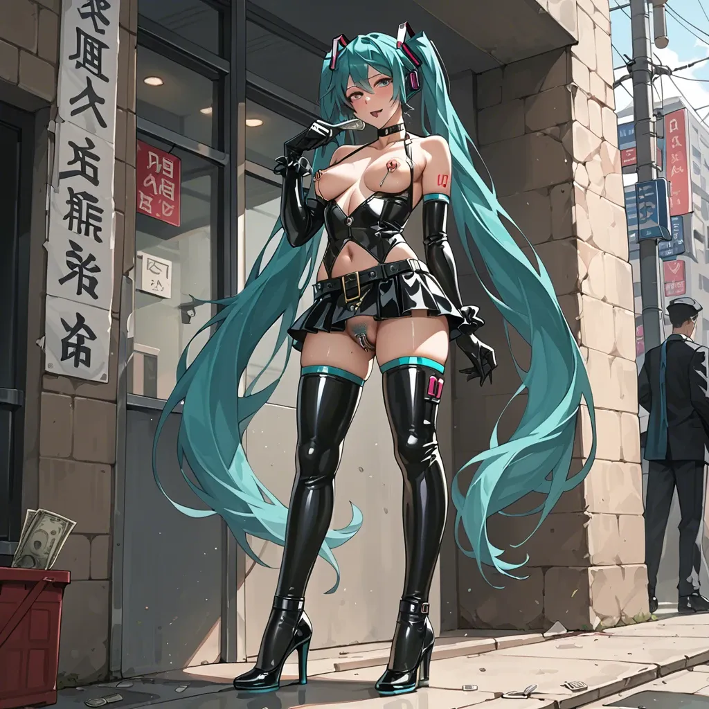 Hatsune Miku, anime, prostitute slut in sexy pose, prostituting herself, black dress, latex micro skirt, latex long gloves, chastity belt, pubic hair, nipple piercing, fishnet long socks, high heels, in a hotel entrance,with a man squeezing her breasts,