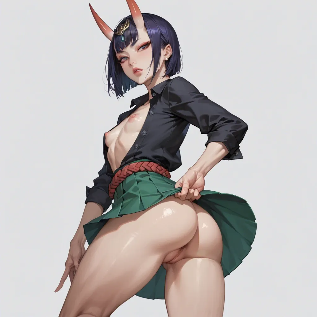 Shuten-Douji, Unbuttoned Shuten-Douji suit, expanding tits, big athletic bubble butt, detailed, sideboobs, flat chest, show ass, thin waist, shaved pussy, seductive, seductive face, upskirt, belt tie, charming pose, cum on tits