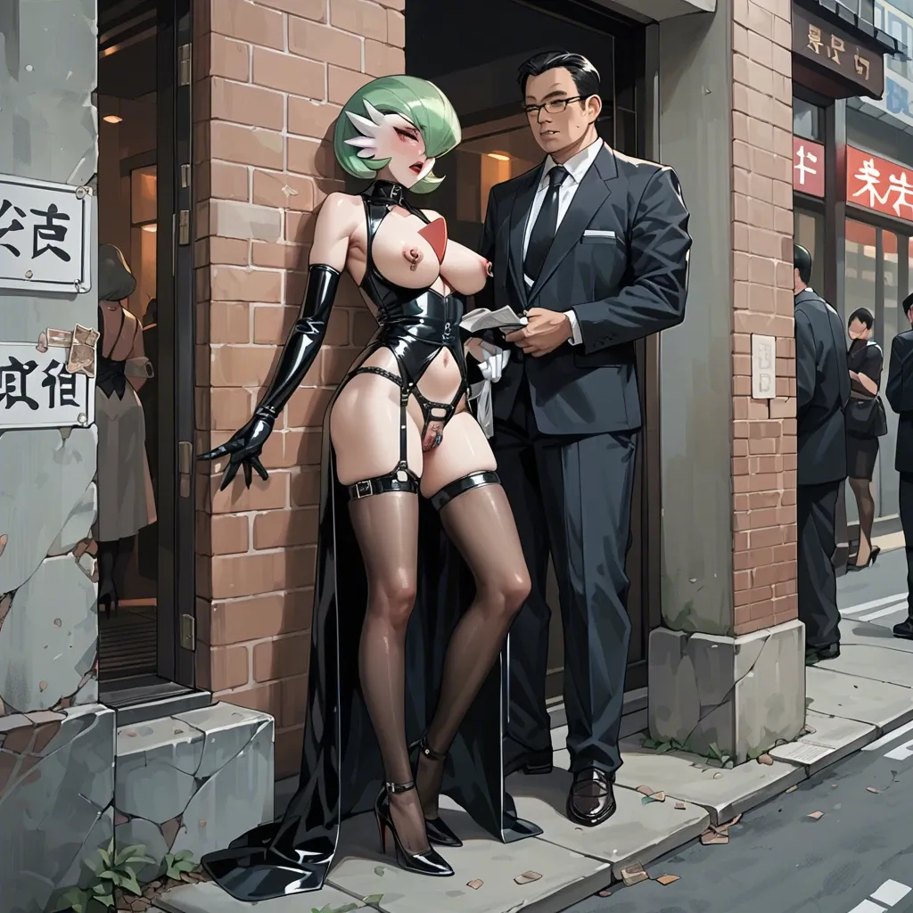 Gardevoir, anime, prostitute slut in sexy pose, prostituting herself, black dress, latex long gloves, chastity belt, pubic hair, nipple piercing, fishnet long socks, high heels, in a hotel entrance,with a man touching her,