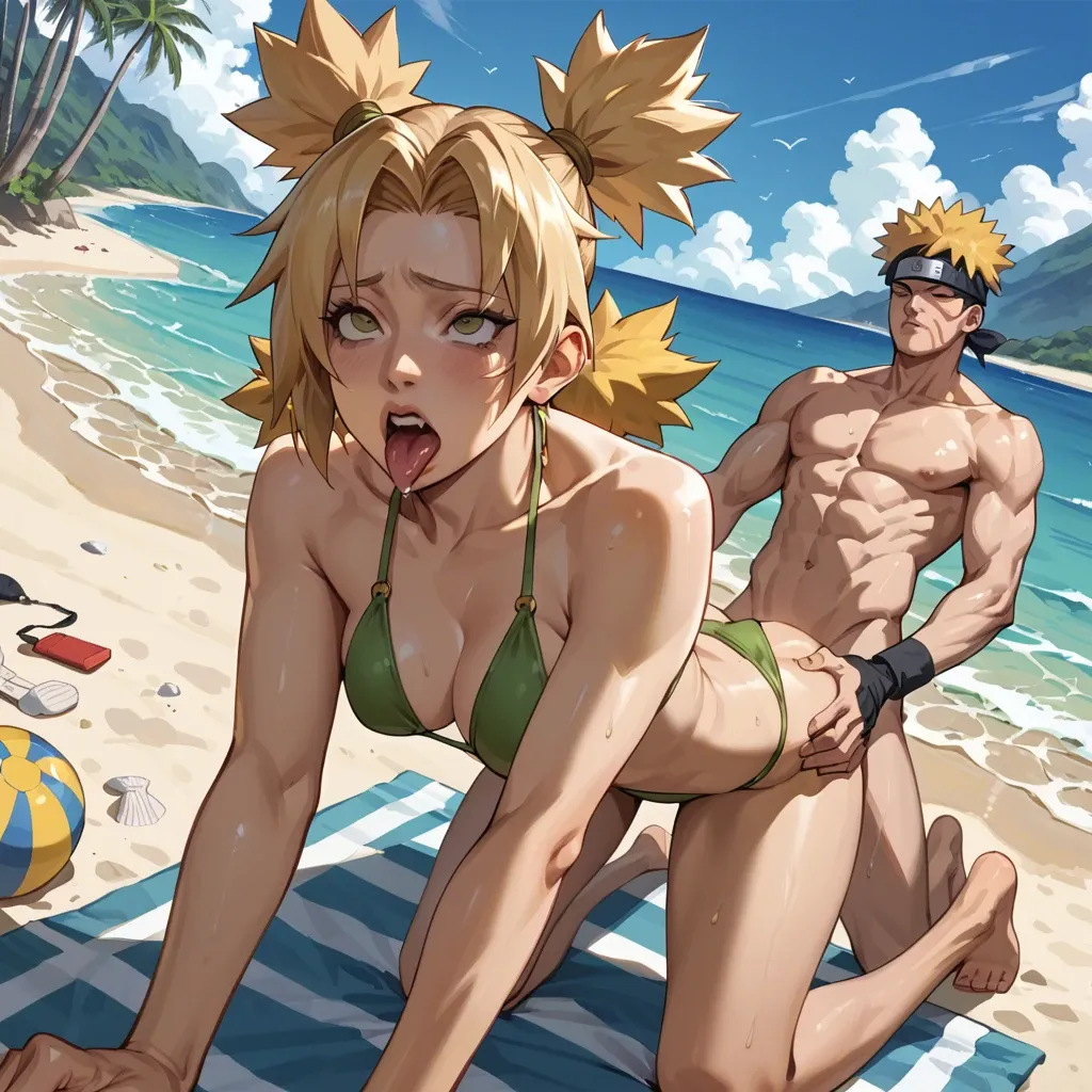 Temari nara , temari from naruto  ,bikini, ahegao , doggie style, on the beach, grab her hair