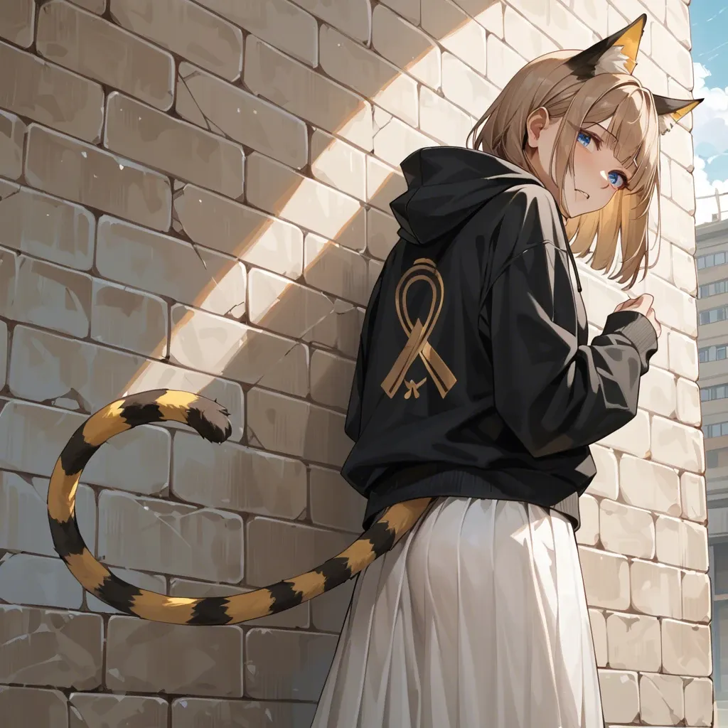 cute anime teen girl The Egyptian Mau catgirl , light brown hair and striped tail, blue eyes, black sweatshirt with yellow stripes, Japanese long skirt,  back view, He looks at the wall, side view