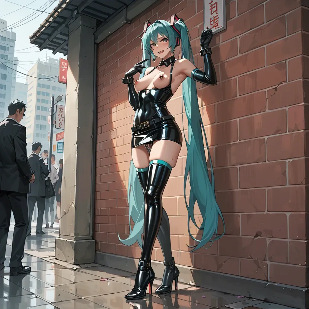 Hatsune Miku, anime, prostitute slut in sexy pose, prostituting herself, black dress, latex micro skirt, latex long gloves, chastity belt, pubic hair, nipple piercing, latex long high heels boots, in a hotel entrance, used condoms in her skirt