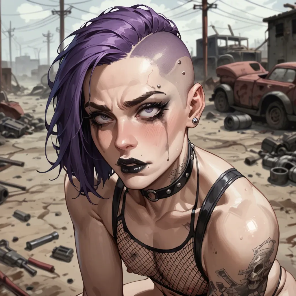 Femboy, half shaved head, purple hair, medium penis, saggy balls, fallout, wasteland, mesh thong, mascara, black lipstick, mad face