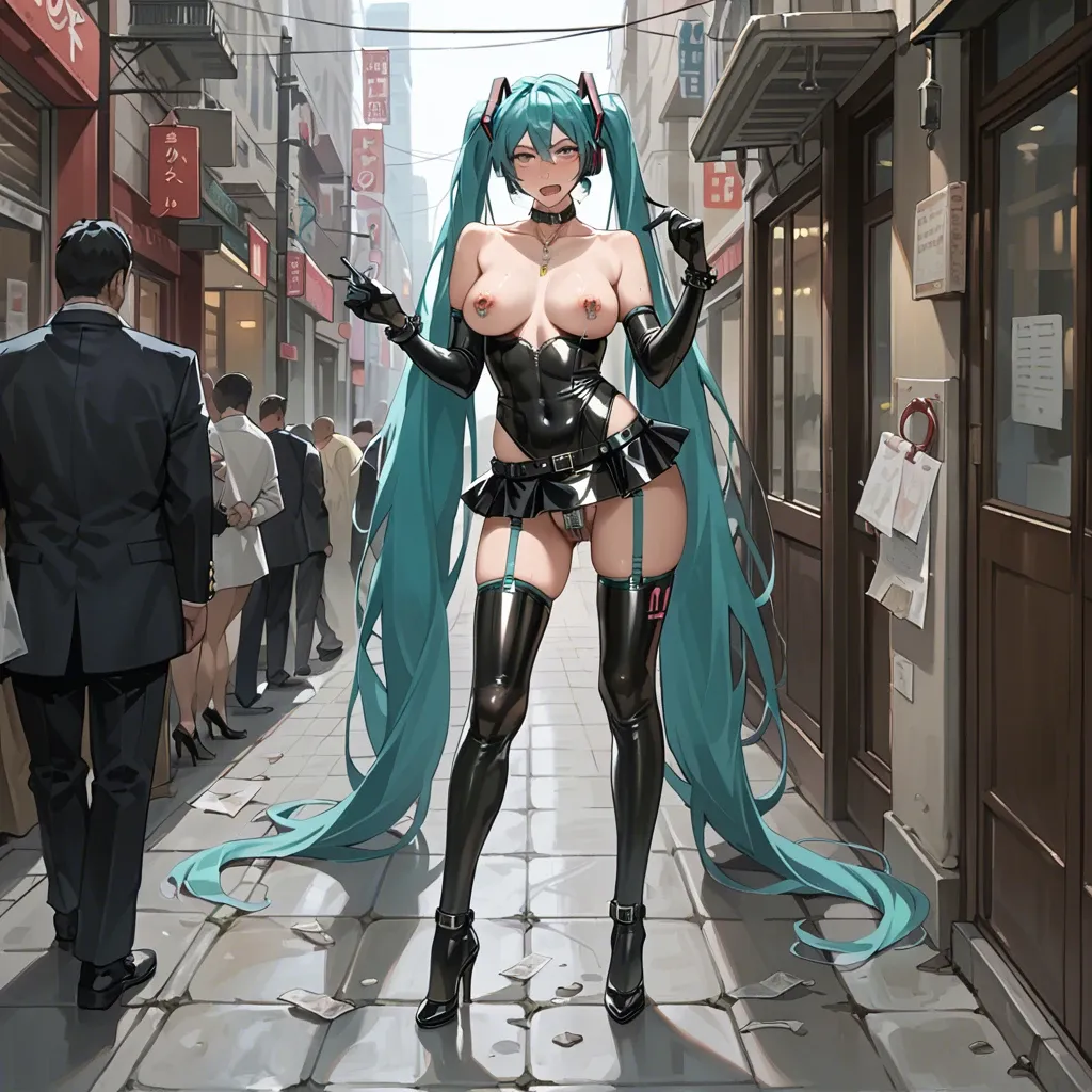 Hatsune Miku, anime, prostitute slut in sexy pose, prostituting herself, black dress, latex micro skirt, latex long gloves, chastity belt, pubic hair, nipple piercing, fishnet long socks, high heels, in a hotel entrance,with a man touching hers breasts,