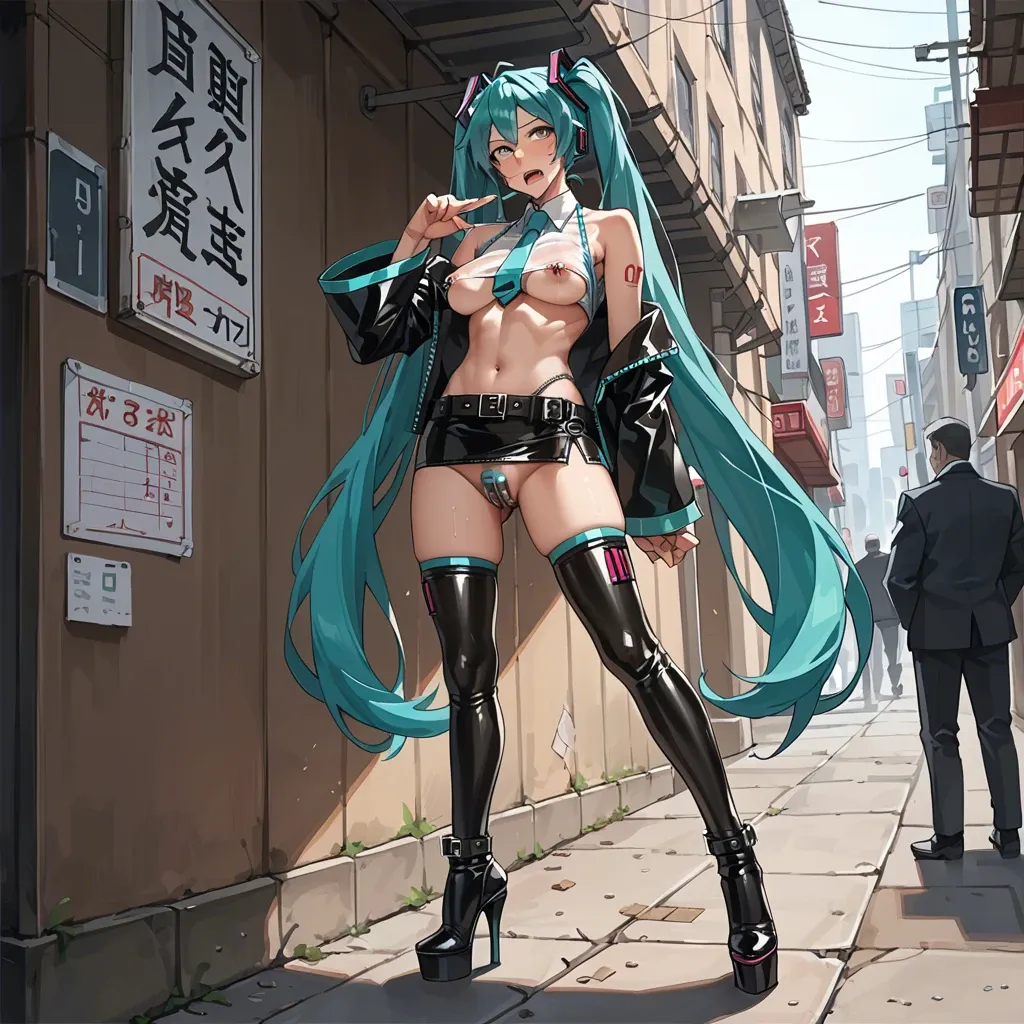 Hatsune Miku, anime, prostitute slut in sexy pose, prostituting herself, tigh blouse underboobs, latex micro skirt, chastity belt, pubic hair, nipple piercing, latex long high heels boots, with a man in a hotel entrance, used condoms in her skirt