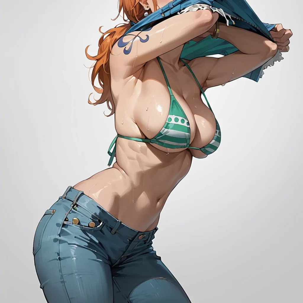 nami one piece, normal bikini, jeans pants, close breasts view, undressing