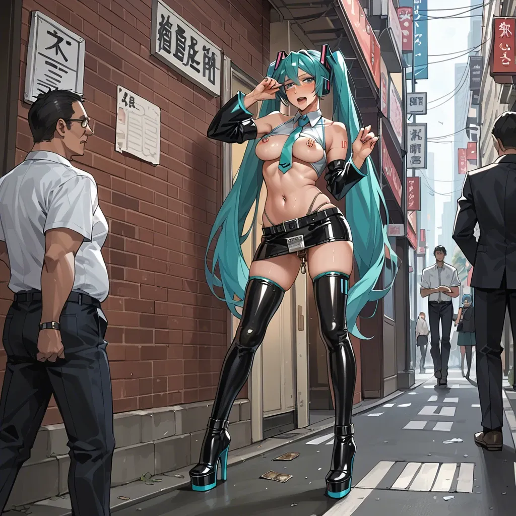 Hatsune Miku, anime, prostitute slut in sexy pose, prostituting herself, tigh blouse underboobs, latex micro skirt, chastity belt, pubic hair, nipple piercing, latex long high heels boots, with a man in a hotel entrance, used condoms in her skirt