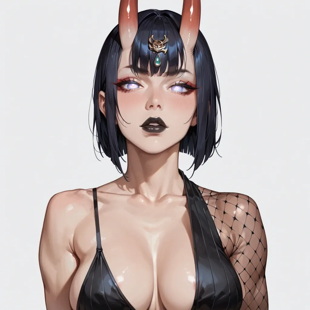 Shuten-Douji,  transparent one shoulder suit, athletic body, very deep cleavage, show tits  out, big perky perfect tits, pushup tits, side view from above, seductive face, glowing pupils, large black closed lips, heavy upper lips, hair braid, vulgarity