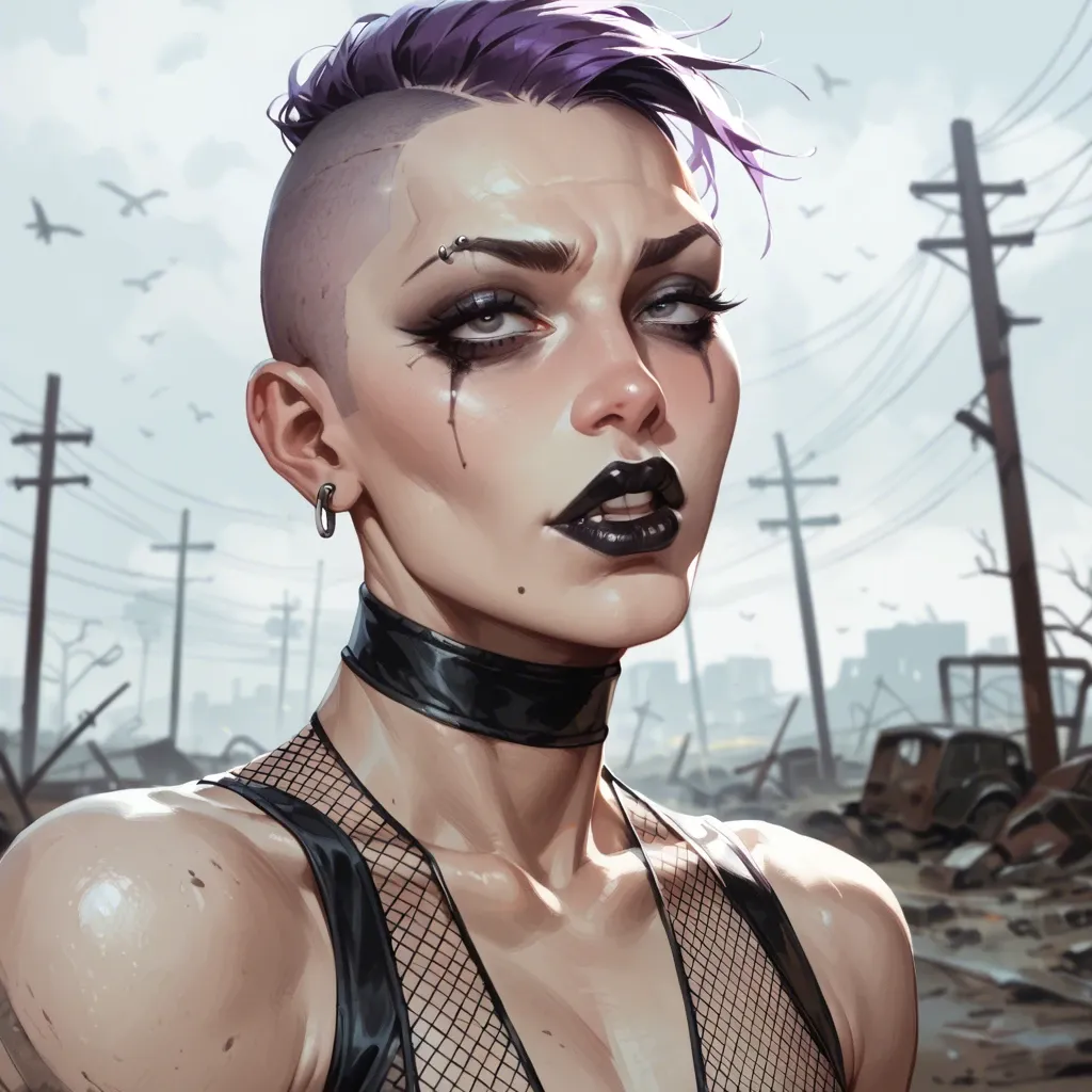 Femboy, half shaved head, purple hair, medium penis, saggy balls, fallout, wasteland, mesh thong, mascara, black lipstick, mad face