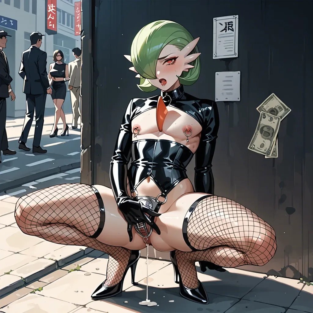 Gardevoir, anime, prostitute slut, prostituting herself, black dress, latex long gloves, chastity belt, pubic hair, nipple piercing, fishnet long socks, high heels, in a hotel entrance, man fingering her,