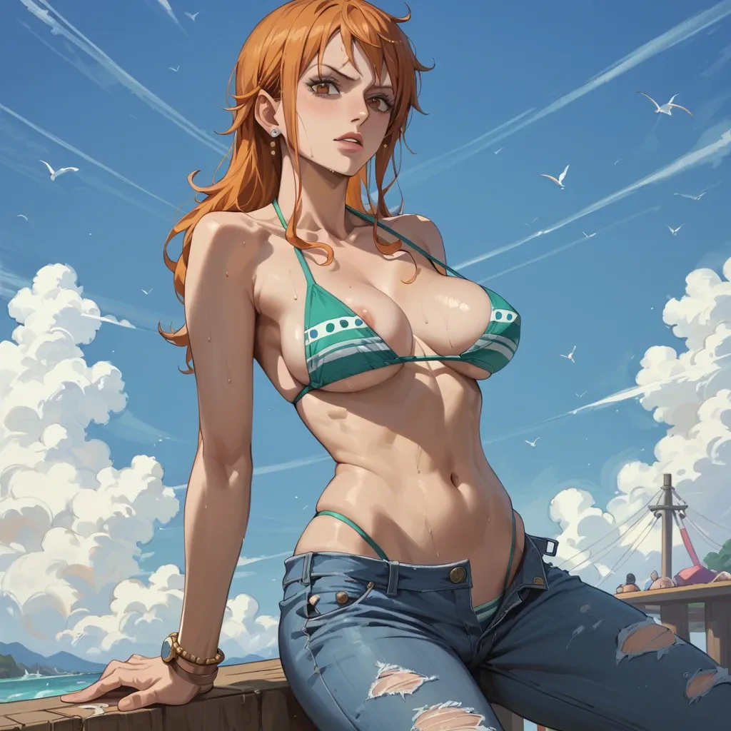 nami one piece, normal bikini removing top, jeans pants, torso view